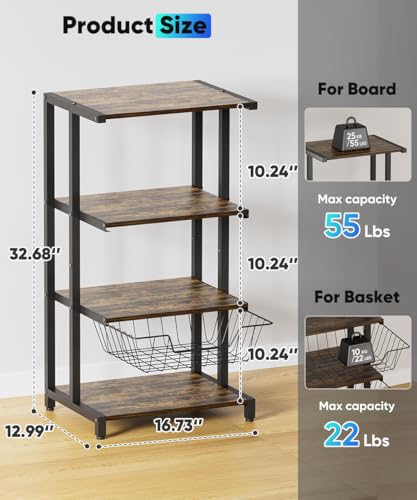 Media Stand with Two Detachable Baskets, 4-Tier AV Media Stand Corner Shelf for DVD Players/Cable Boxes/Games Consoles, Audio Storage Rack for Living Room, Gaming Room, Music Studio, Black