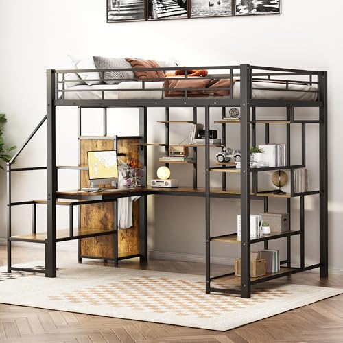 Full Size Loft Bed with Desk & Stairs, Heavy Duty Metal Loft Bed with L-Shaped Desk & Open Wardrobe for Adults, Space-Saving Bed with Bookshelves for Kids Teens, Black Natural