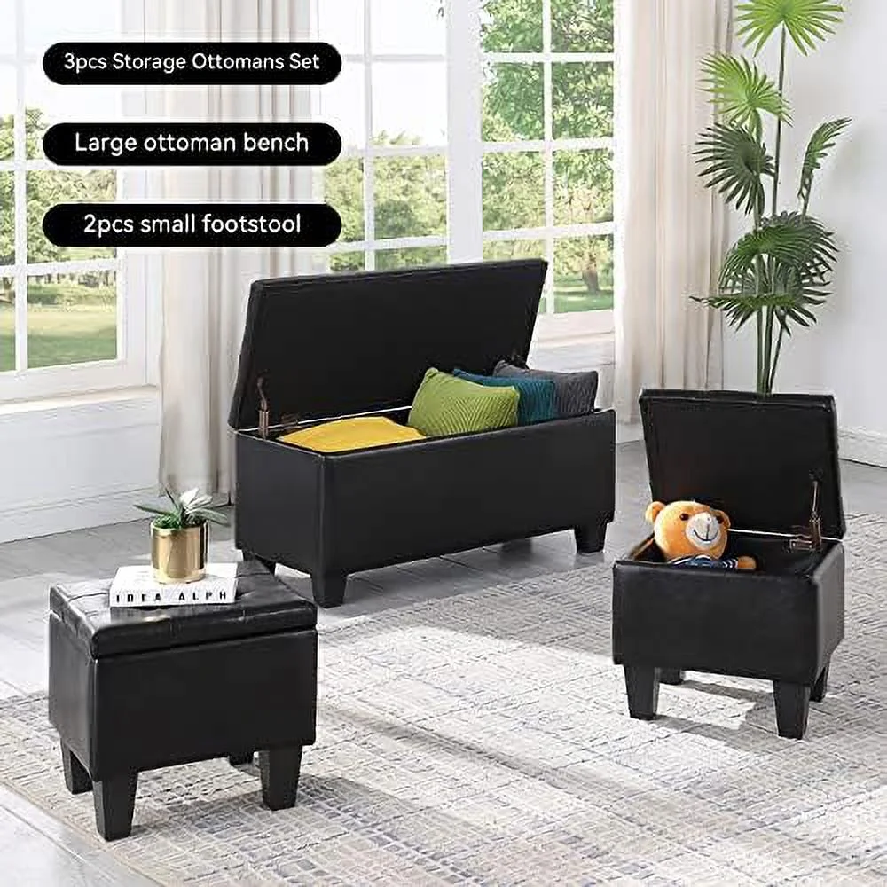 Hinged  Ottoman Set of 3  38'' Bench Ottoman with Thick Seating and   Bedroom End of Bed Bench Window Bench with 2pcs Small Foot Rest (Blue - Fabric)