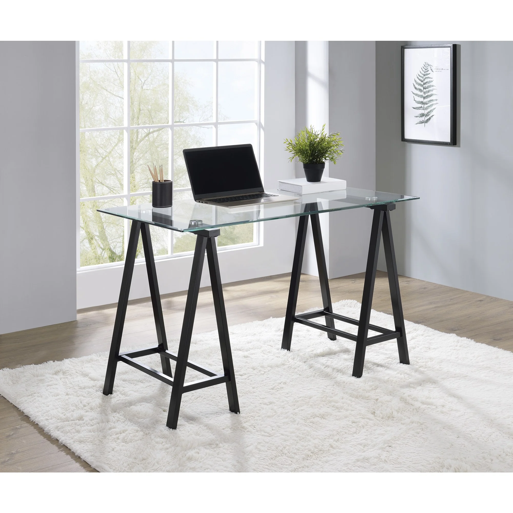 Middleton Writing Desk with Clear Glass Top and Black Base