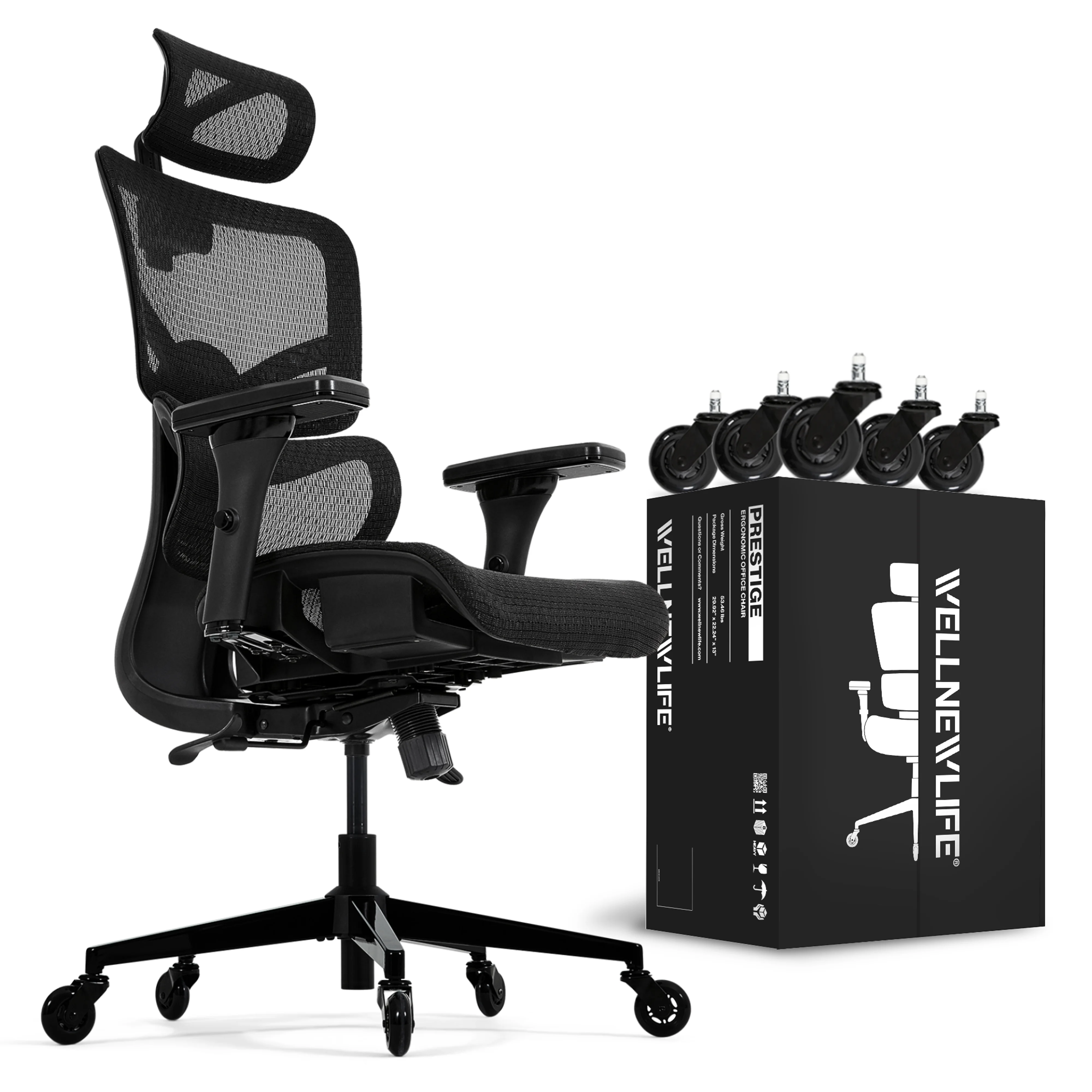 WELLNEW Prestige Ergonomic Office Chair - Height Adjustable Backrest Lumbar Support, Seat Depth Adjust, 3D Headrest, 4D Armrests, Blade Wheels, Mesh Computer Gaming Chairs Executive Swivel Chair