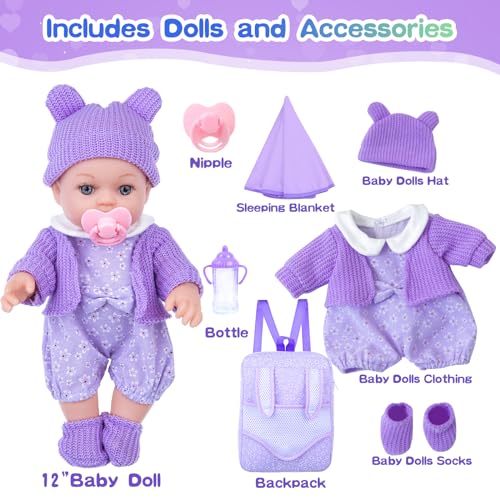 ZNTWEI 12 Inch Backpack Baby Doll Playset with Washable Dolls and Accessories Includes Backpack, Bottles, Nipple, Blankets, Hats, Clothes, Socks First Baby Dolls for Toddlers 3 Years and Up