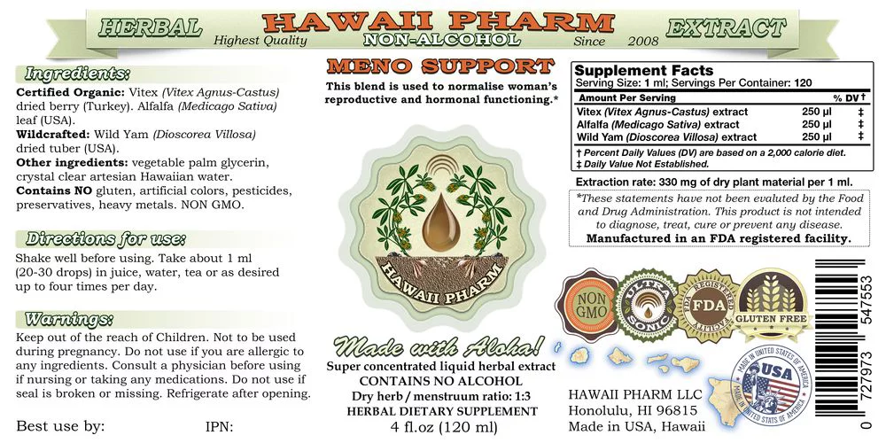 Meno Support Glycerite, Certified Organic or Wild Harvested Vitex, Wild Yam, Alfalfa Alcohol-Free Liquid Extract, Menopause Support, Glycerite Herbal Supplement 2 oz