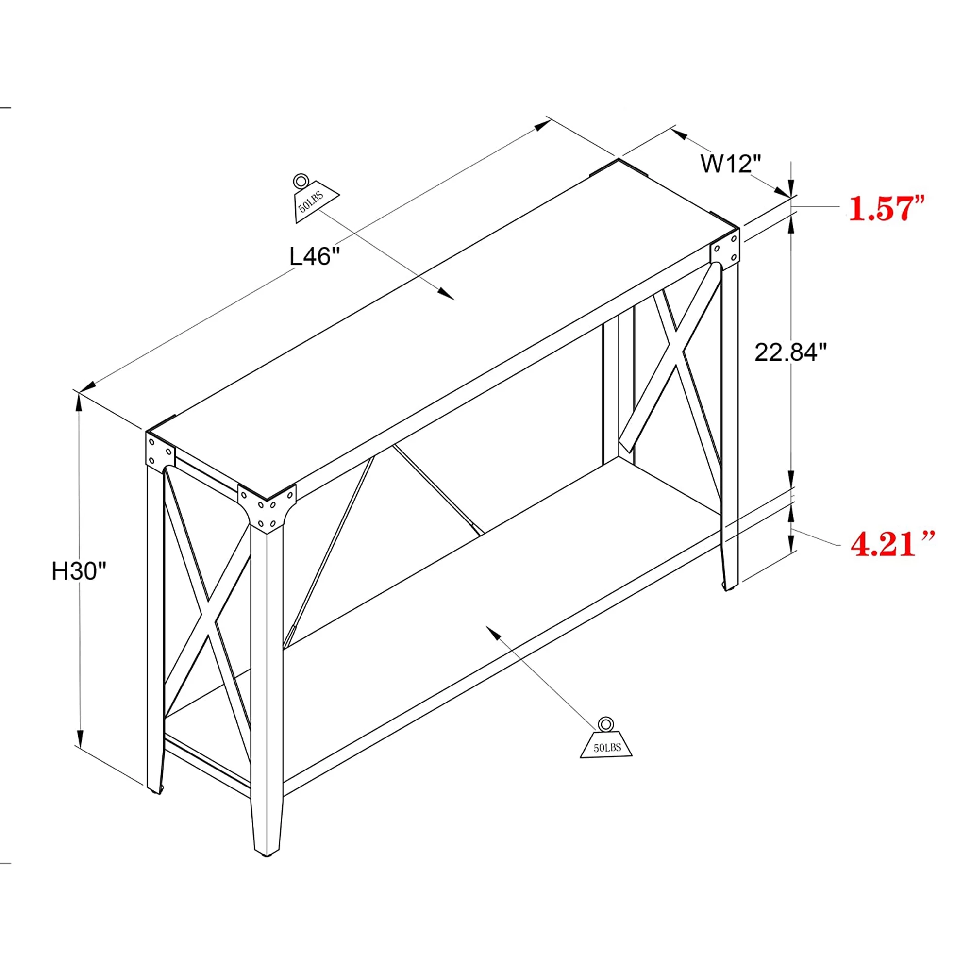 OKD 46 Inch 2-Tier Console Hallway Entryway Accent Table, Dark Rustic Oak