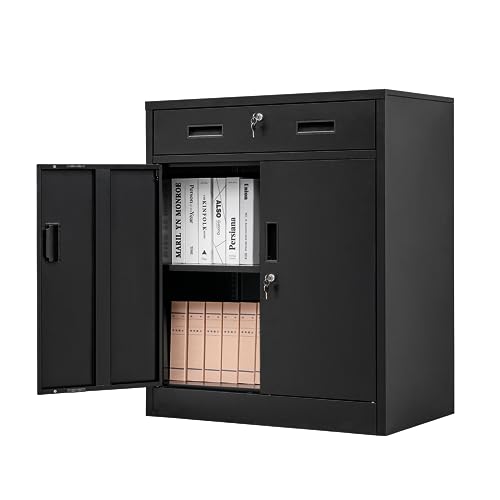 Metal Storage Cabinet with 2 Lockable Doors and 2 Adjustable Shelves, Steel Garage Cabinet, Small Locker Steel Cabinets-Easy Assembly, Pantry Cabinet for Office,Home,Garage,Gym,School (Black)
