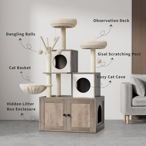 57.5-Inch Cat Tree with Litter Box Enclosure 2-in-1 Modern Cat Tower with Cat Condo/Hammock/Scratching Post/Plush Perch/Removable Pompom Sticks/Caves, Wooden Hidden Litter Box Furniture, Oak Brown