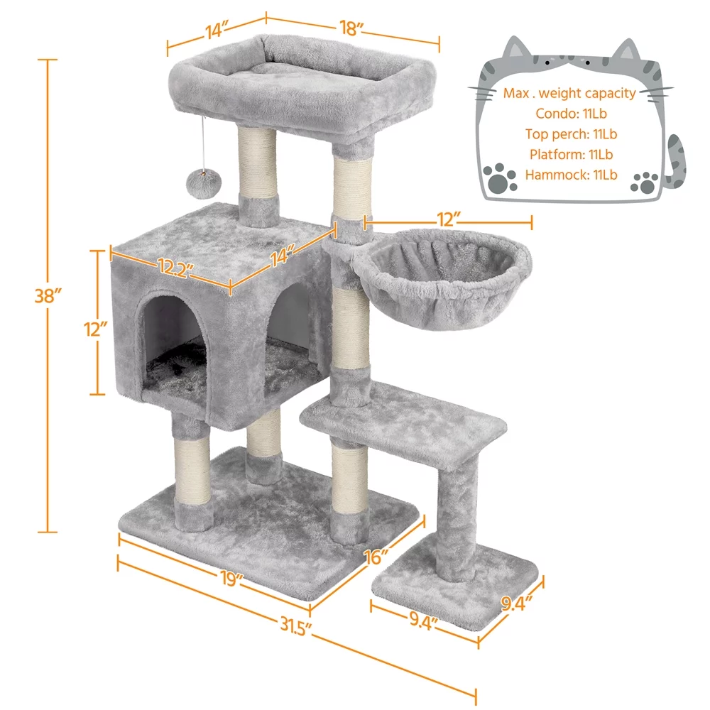 Topeakmart 38″ Cat Tree w/ Condo Perch Basket Scratchers, Light Gray