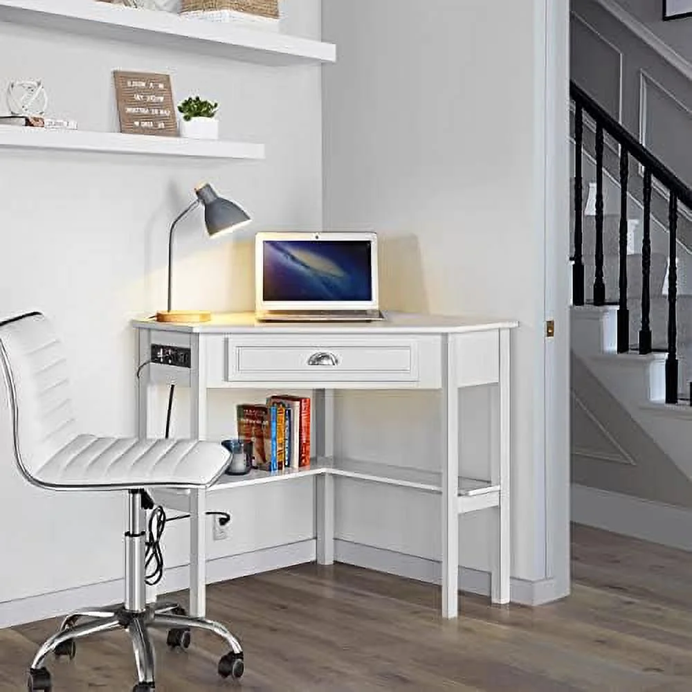 HOOMHIBIU L Shaped Corner Computer Desk with Power Outlets  Reversible Triangle Workstation with USB Ports and Hook for Small Space   Office Desk Gaming Table with Drawer &   White