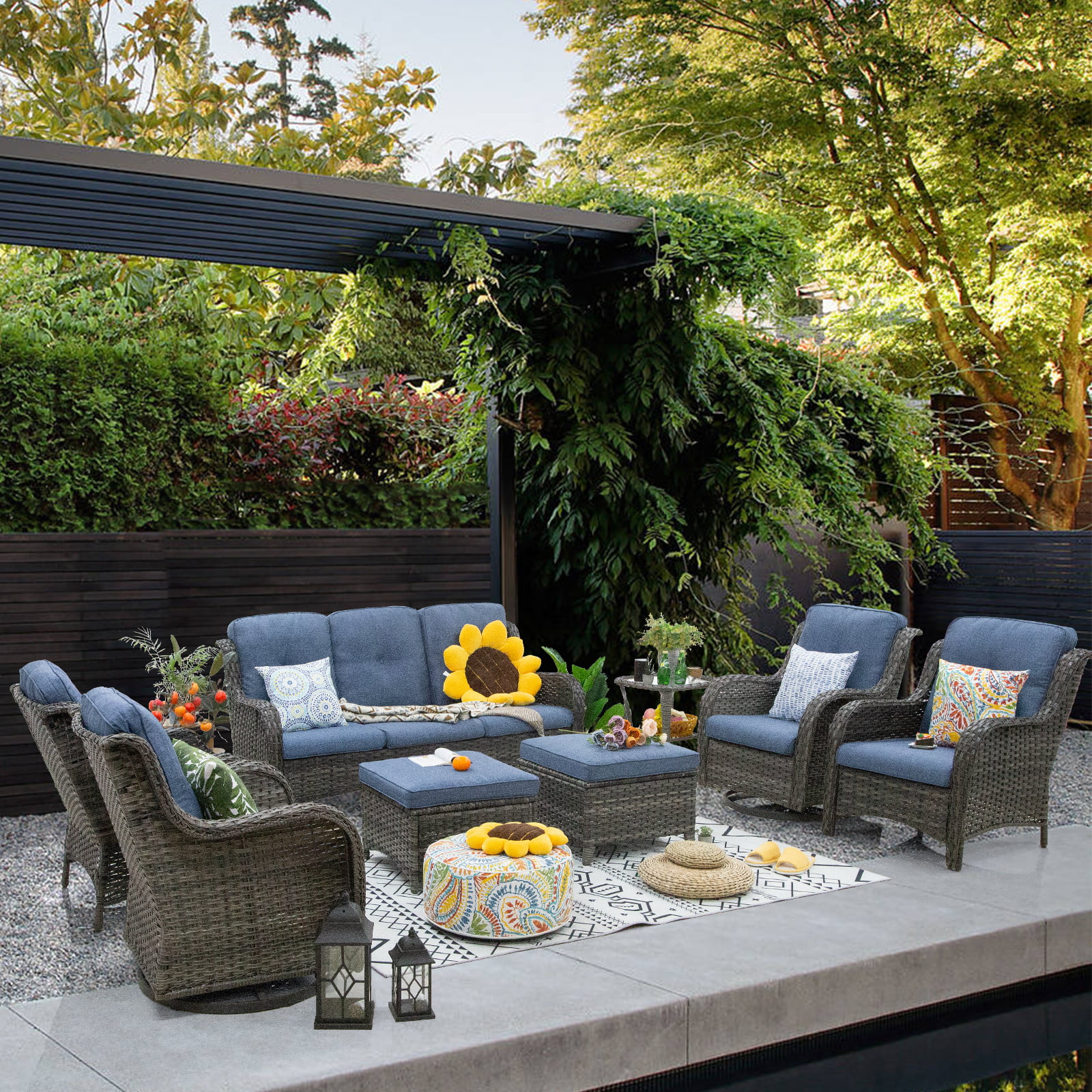 MeetLeisure 8 Pieces Outdoor Furniture Patio Furniture Set with One 3-Seat Sofa, Two Swivel Rocking Chairs,Two Armchairs, Two Ottomans,One Side Table, Navy