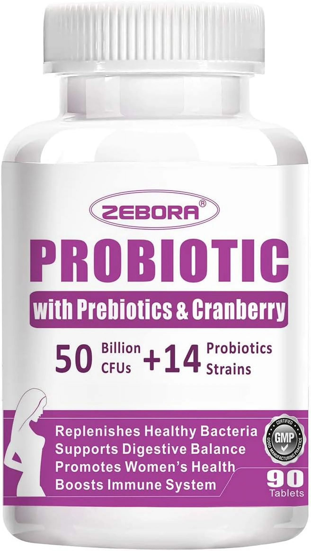 ZEBORA Probiotics for Women Digestive Health, Prebiotics and Probiotics with 50 Billion for Gut, Vaginal and Urinary Tract Health, Immune Support, Soy & Gluten Free, 90 Tablets (45 Days Supply)