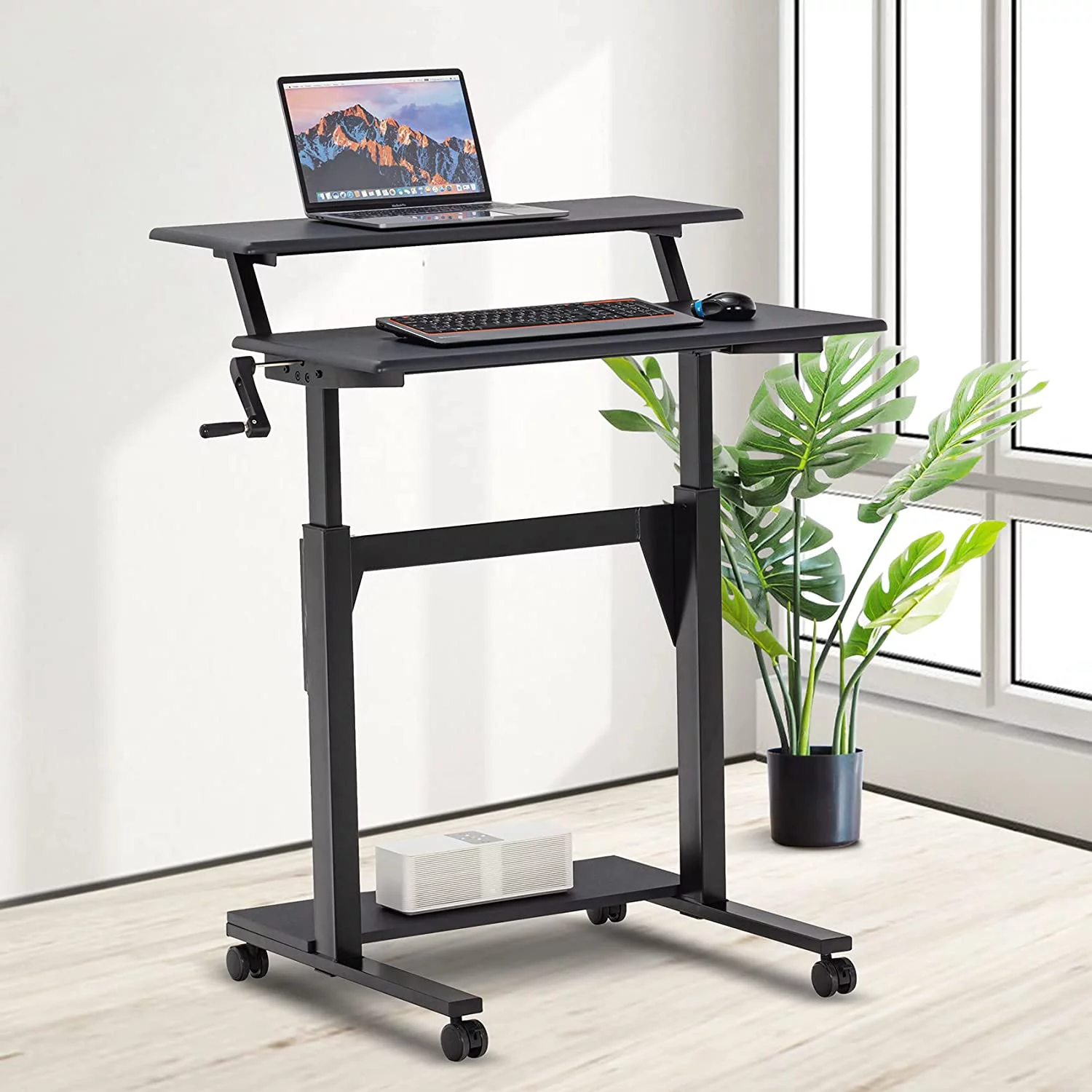 Crank Adjustable Height Standing Desk, 2 Tier Adjustable Sit To Stand Up Desk, Mobile Standing Desk, Rolling Table  (White Frame/Light Oak Top-2T-Crank)