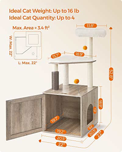 Feandrea Cat Tree with Litter Box Enclosure, 2-in-1 Modern Cat Tower, 52.8-Inch Cat Condo with Self Groomer, Scratching Posts, Washable Cushions, Greige UPCT115G01