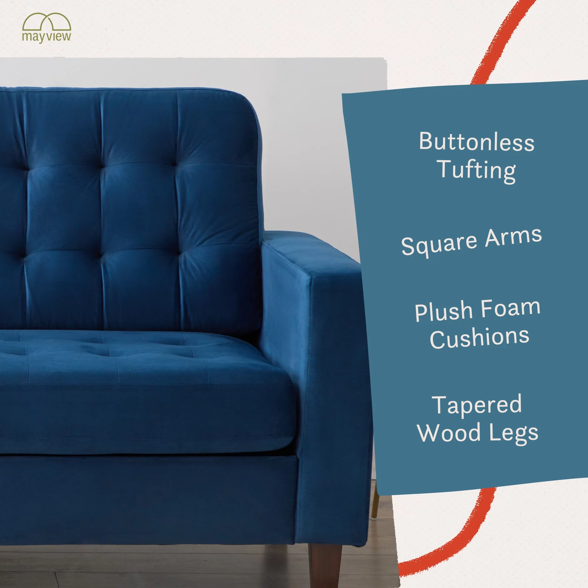 Mayview Carraway Upholstered Sofa with Tufting, Navy Velvet