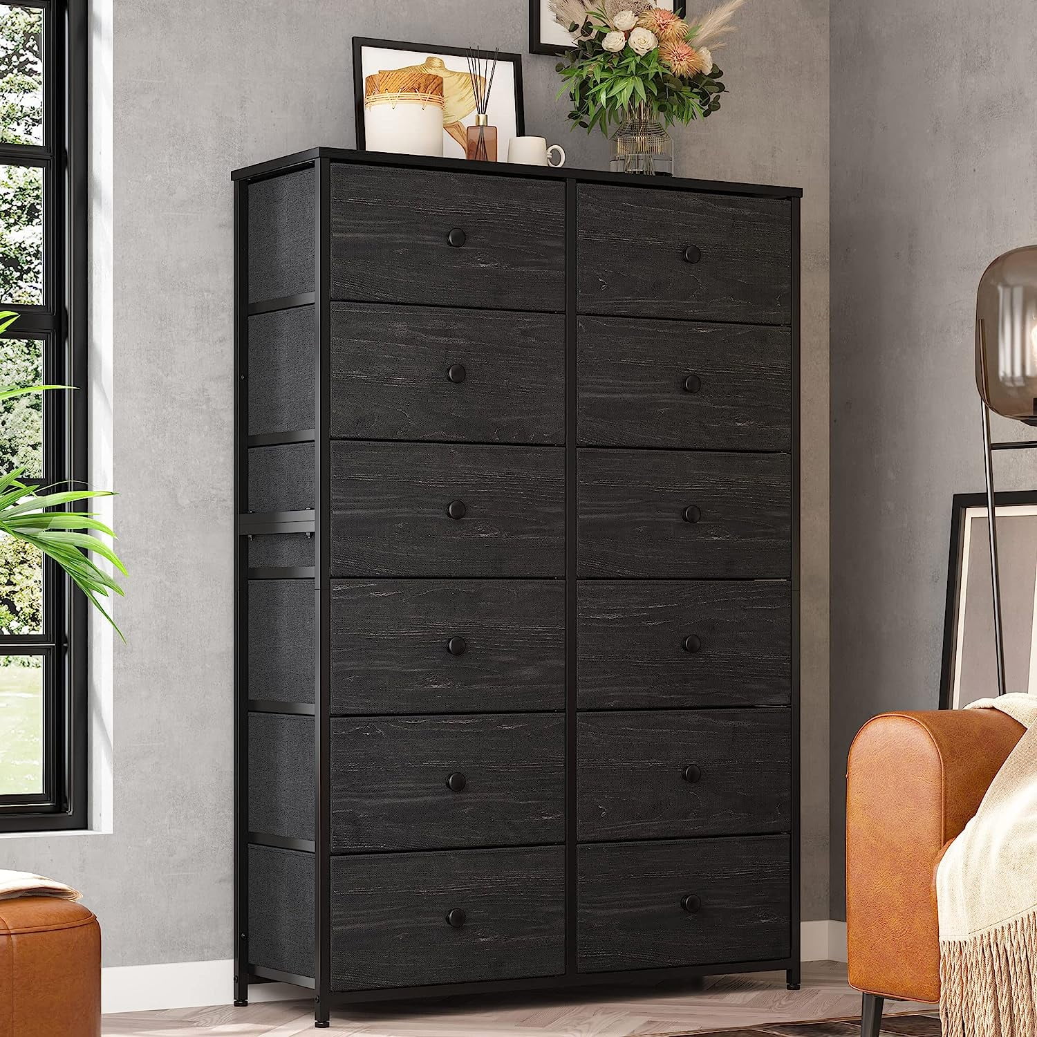 Tall Dressers for Bedroom, 12 Drawer with Wooden Top and Metal Frame, Fabric Dresser & Chest of Drawers for Closet Living Room, Black Wood Veins, 11.9