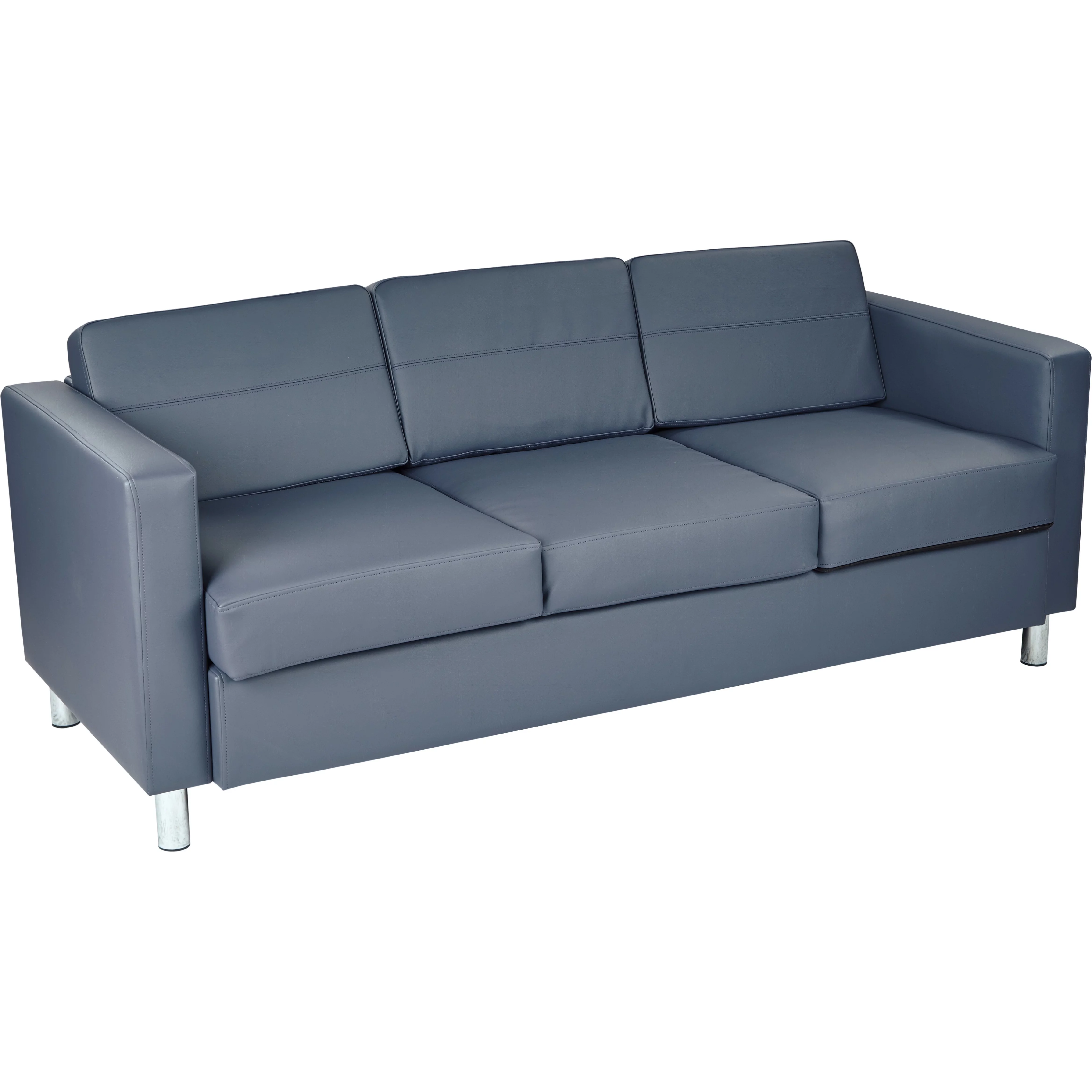 Pacific Dillon Blue Vinyl Sofa Couch with Box Spring Seats and Silver Color Legs