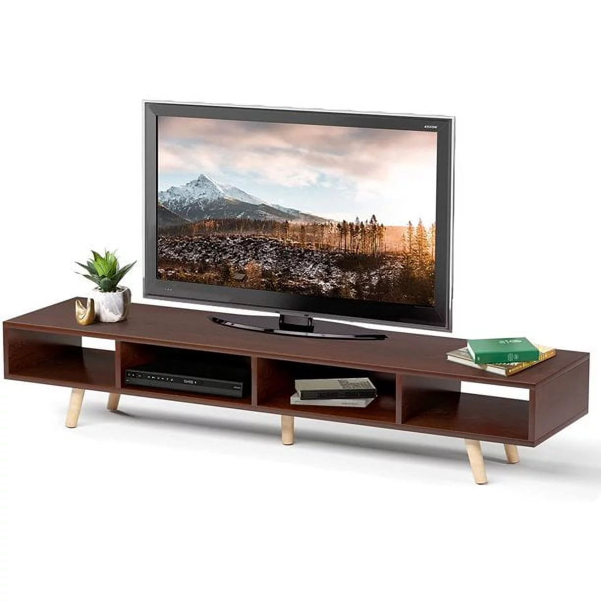 RichYa Wood TV Stand for 55/60/65 inch TV, TV Cabinet with Storage Shelves for Wall Mounted TV, Walnut