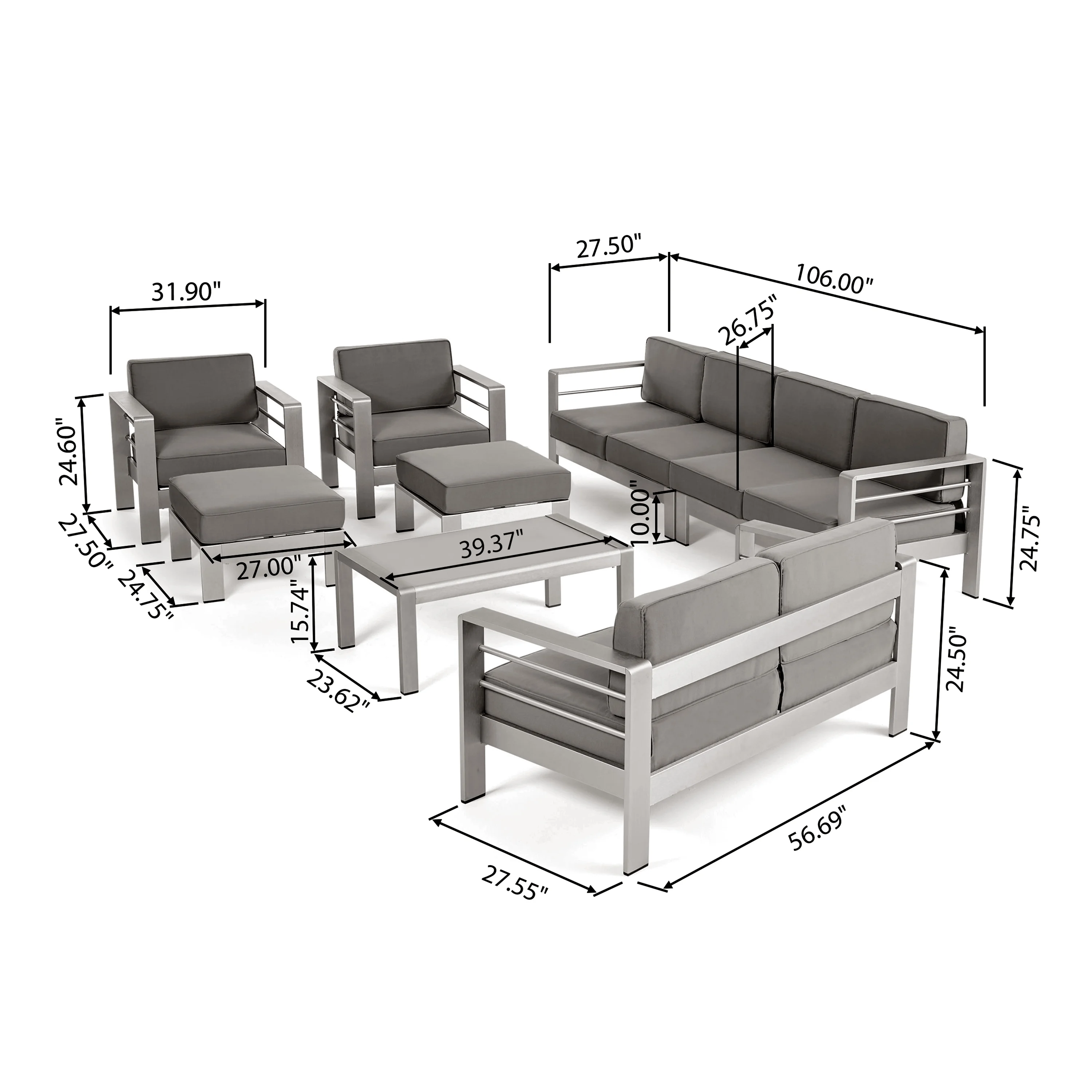 GDF Studio Emily Outdoor Aluminum 8-Seater Sectional Sofa Set, Silver and Khaki