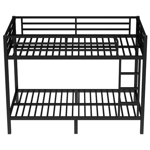 Heavy Duty Bunk Bed Frame with Ladder, Twin XL Over Twin XL Bunk Beds with Safety Guardrails, Adults Bunk Beds with Noise-Reducing Rubber Stoppers, Easy Assemble, Black