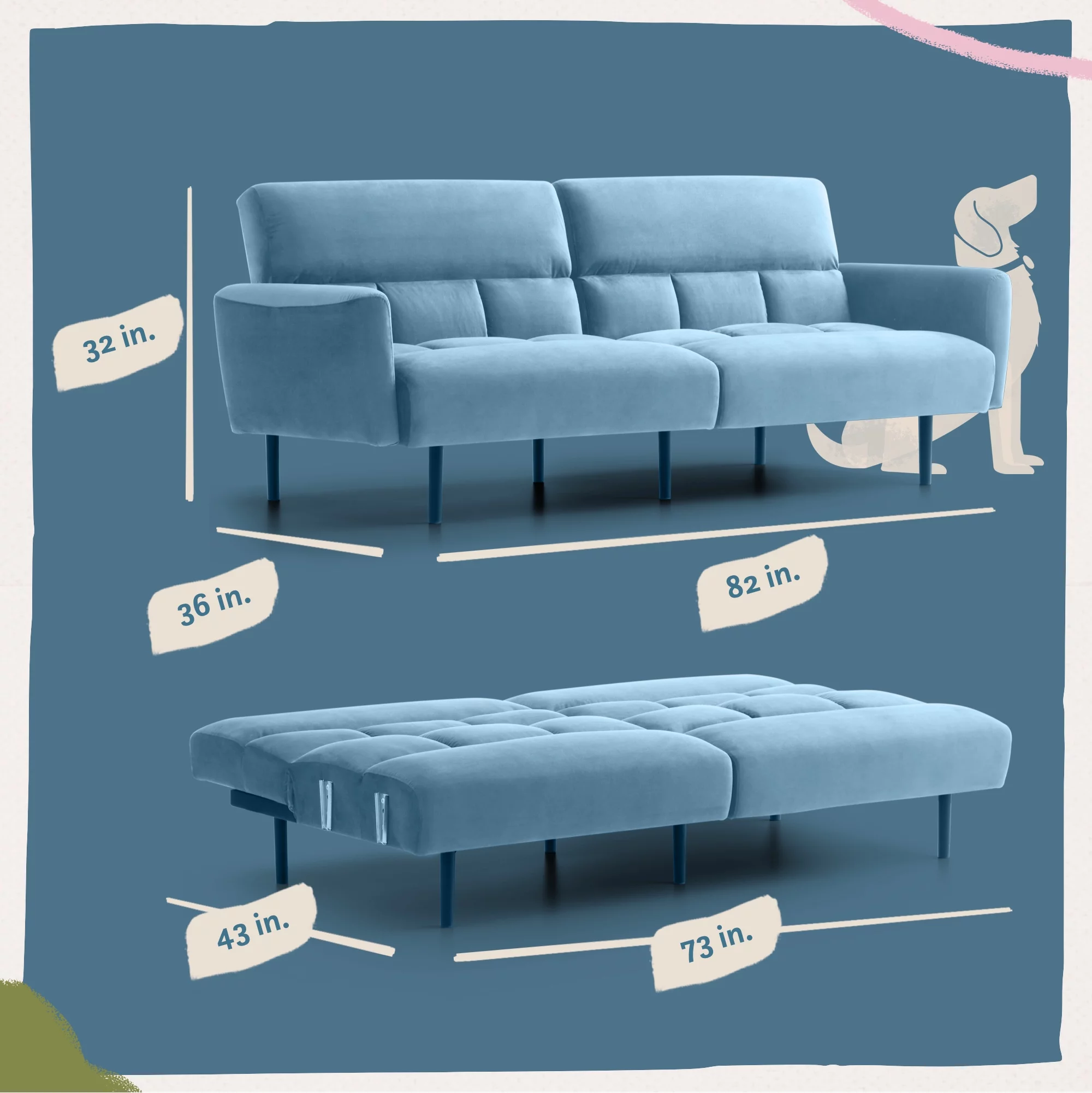 Mayview Sofa Bed with Box Tufting and Removable Arms, Navy Velvet