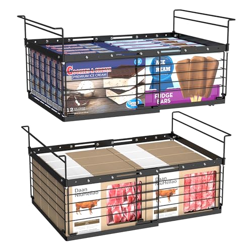 NADAMOO Hanging Chest Freezer Organizer Bins, 2 Pack Large Expandable Freezer Baskets for Chest Freezer, Metal Adjustable Storage Containers for Deep Freezer - Black