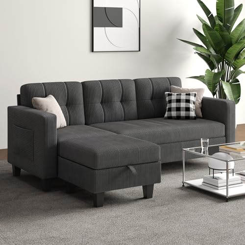 76 Inch L Shaped Sofa, Corduroy Convertible Sectional Couch with Reversible Storage Ottoman, Modern 3 Seat Sectional Sofa for Living Room, Apartment and Small Space