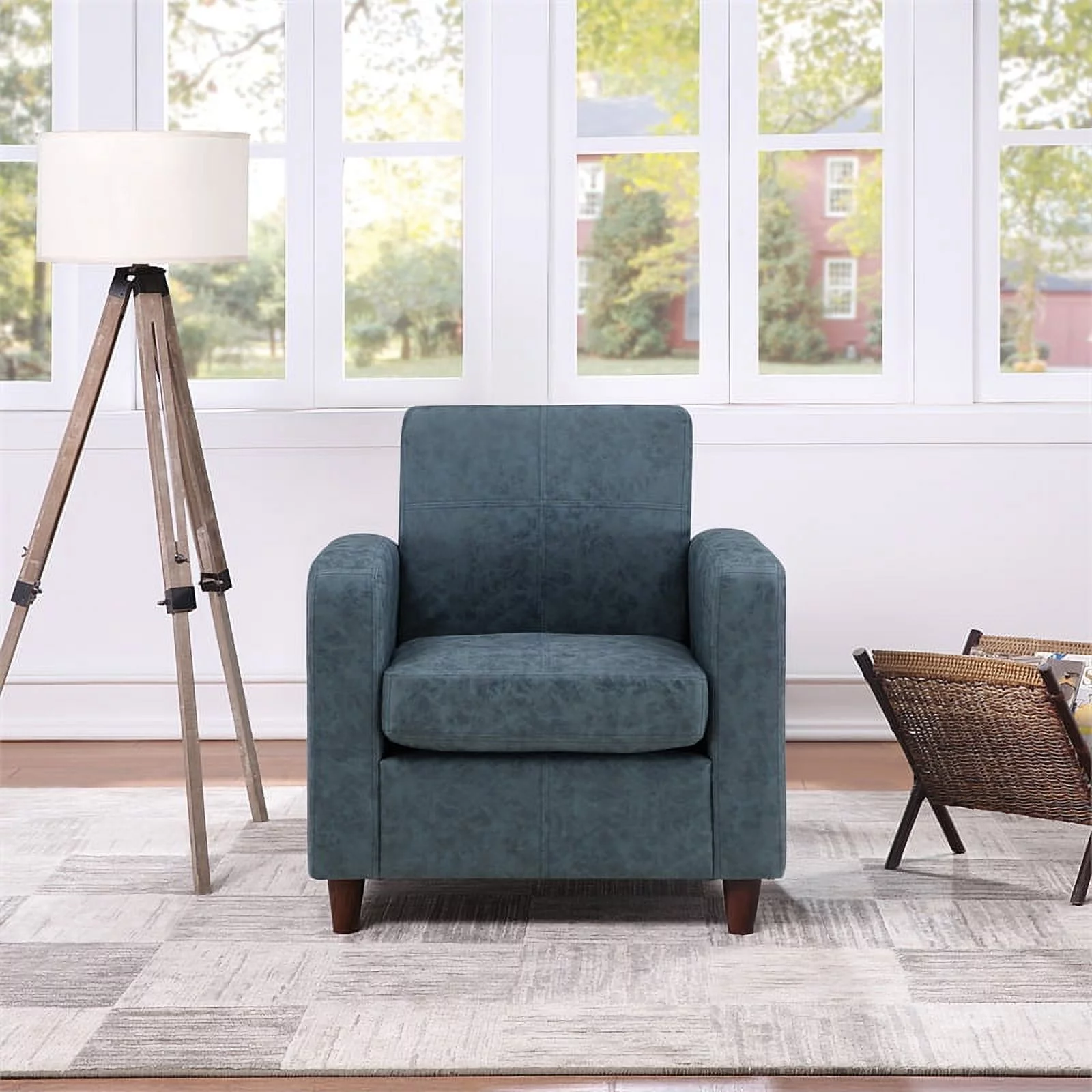 Venus Club Chair in Navy Blue Faux Leather and Medium Espresso Legs