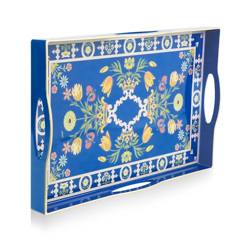 Gifturbo Blue Serving Tray,Decorative Serving Trays with Handles, Coffee Table Tray Ottoman Rectangular Plastic Tray for Living Room, Bathroom, 15.7” x 10.2” x1.37”