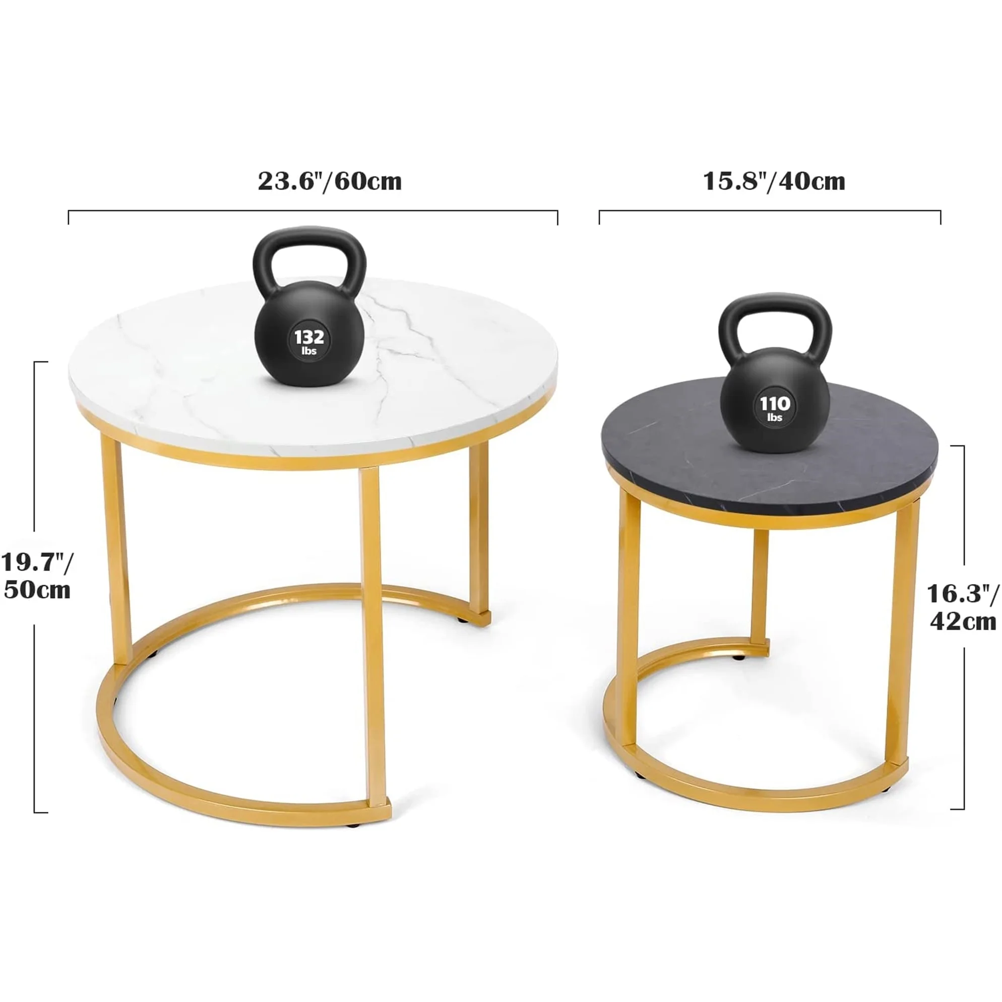 Modern Round Nesting Tables with Metal Frame (Set of 2) (White & Black)