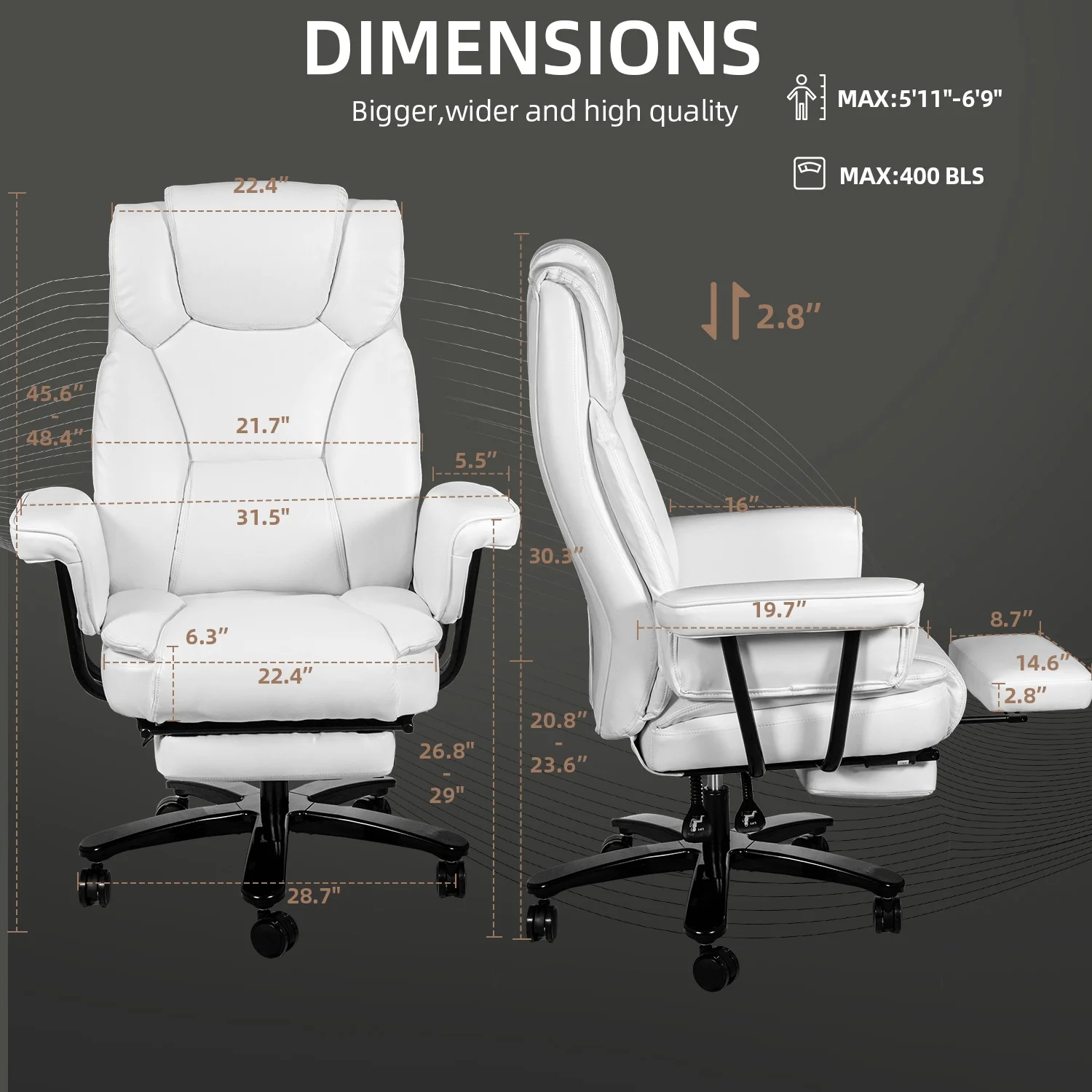 SeekFancy High Back Executive Office Chair, Ergonomic PU Leather Office Chair Heavy Duty Computer Desk Chair Reclining Office Chair with Footrest, White