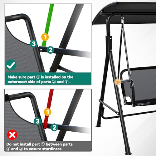 YITAHOME Outdoor Patio Swing Chair, 3 Person Porch Swing with Adjustable Canopy, Removable Cushion,Suitable for Garden, Poolside, Balcony,(Black)