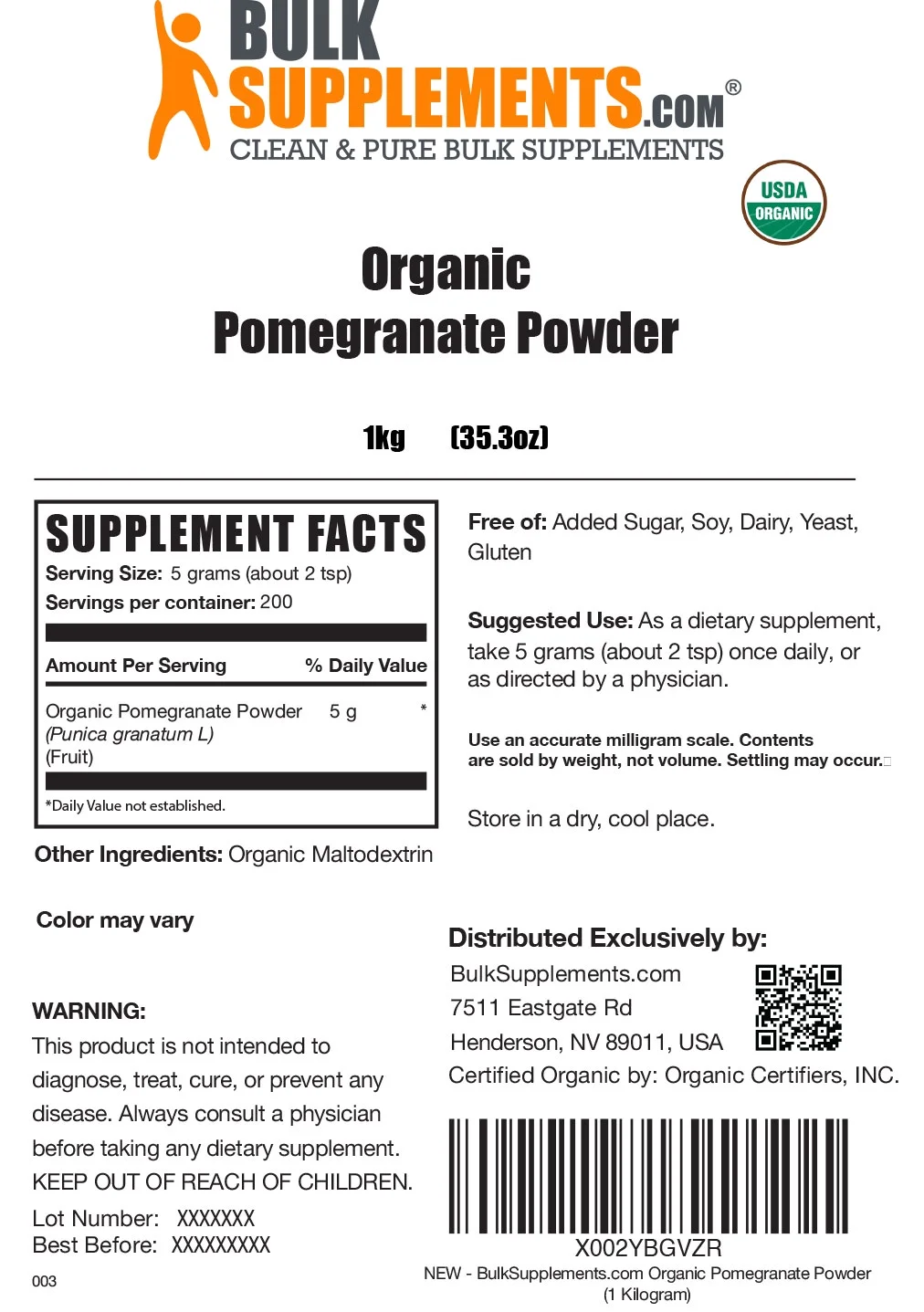 BulkSupplements.com Organic Pomegranate Powder, 5g - Supports Overall Wellness (1kg - 200 Servings)