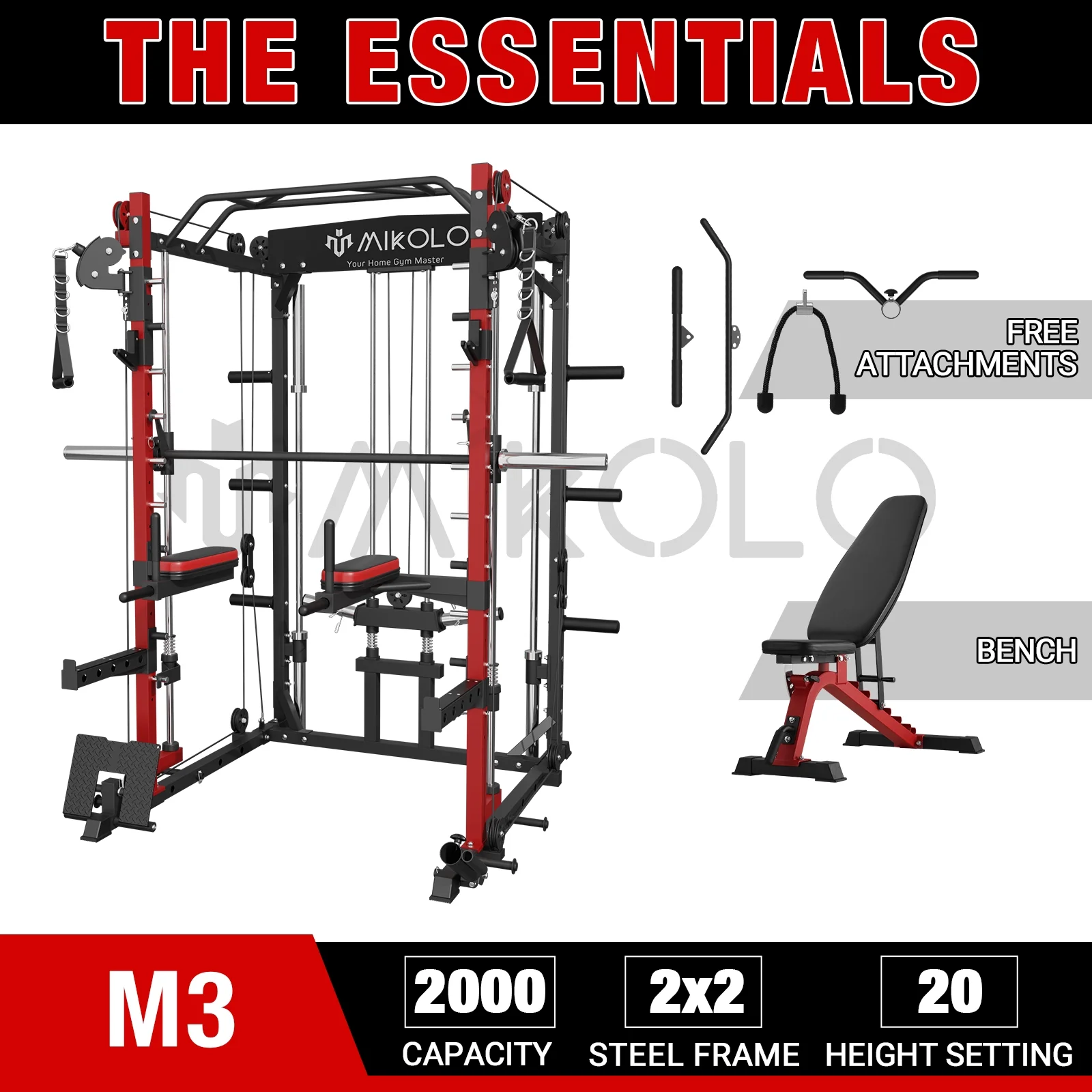 Mikolo Smith Machine Home Gym, 2000lbs Squat Rack with 800 lbs Weight Bench Combo, Training Equipment with LAT-Pull Down System & Cable Crossover Machine