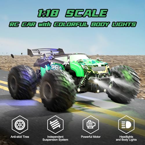 Remote Control Car RC Cars All Terrain Monster Truck, Outdoor 2WD Off Road Hobby RC Truck with 2 Rechargeable Batteries and Colorful Light, 20Km/h Fast RC Car Toys Gift for Kids Boys