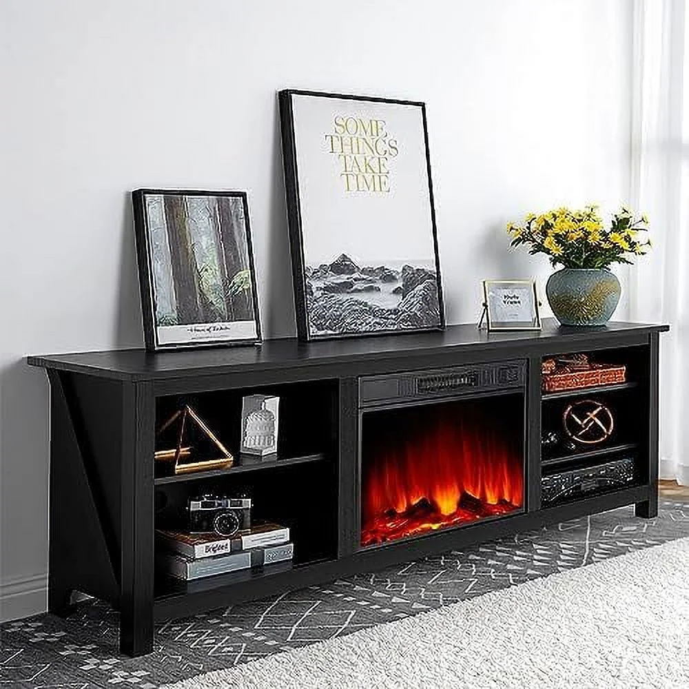 KHBIULIFE Fireplace TV Stand  Wood Texture Entertainment Center with 23'' Electric Fireplace  Farmhouse Entertainment Stand Media TV Console for TVs Up to 80''  70 inches