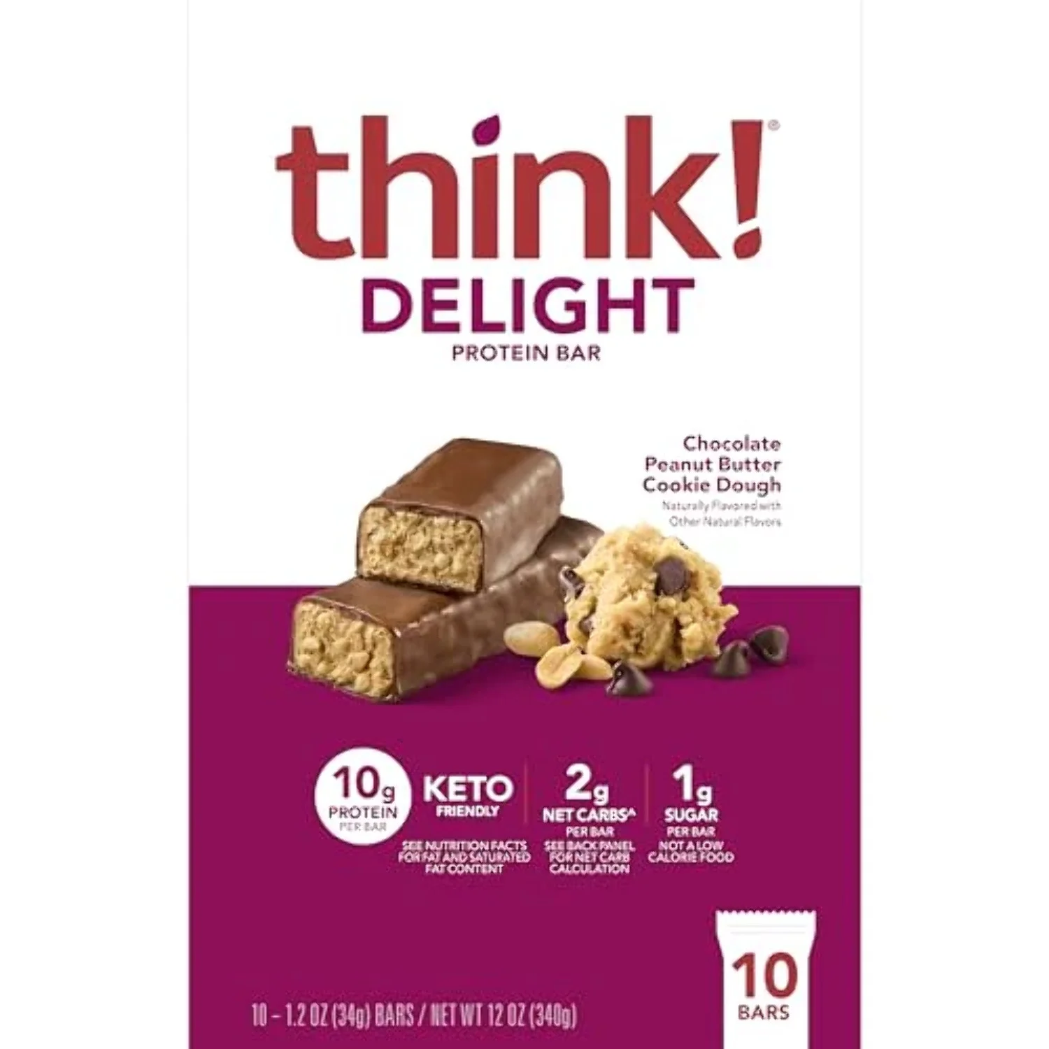 Think ! Keto Protein Bars, Chocolate Peanut Butter Cookie Dough, 10 Bars, 1.2 oz (34 g) Each