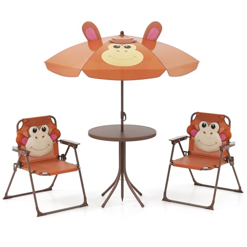 HOMGX Kids Picnic Table with Umbrella, Kids Outdoor Table with 2 Folding Chairs, Height Adjustable Umbrella, Portable Kids Outdoor Furniture for Backyard, Garden, Patio (Brown)