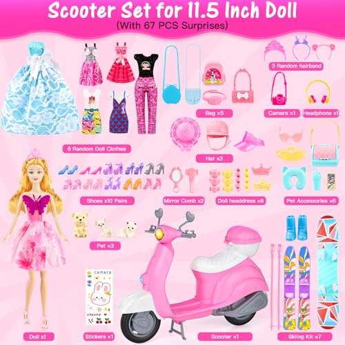 67PCS Doll Playset with Scooter & 11.5 Inch Doll Travel Accessories Skiing Kit, Pet Set, 10 Shoes, 6 Outfits (Wedding Dress/Pantsuit/Casual), Creative Dress Up Toys, Birthday Gifts for Girls Ages 3-12
