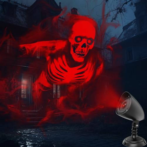 Halloween Projector Lights Outdoor, 3D Dynamic LED Red Skull Halloween Decoration, Halloween Window Projector Hologram