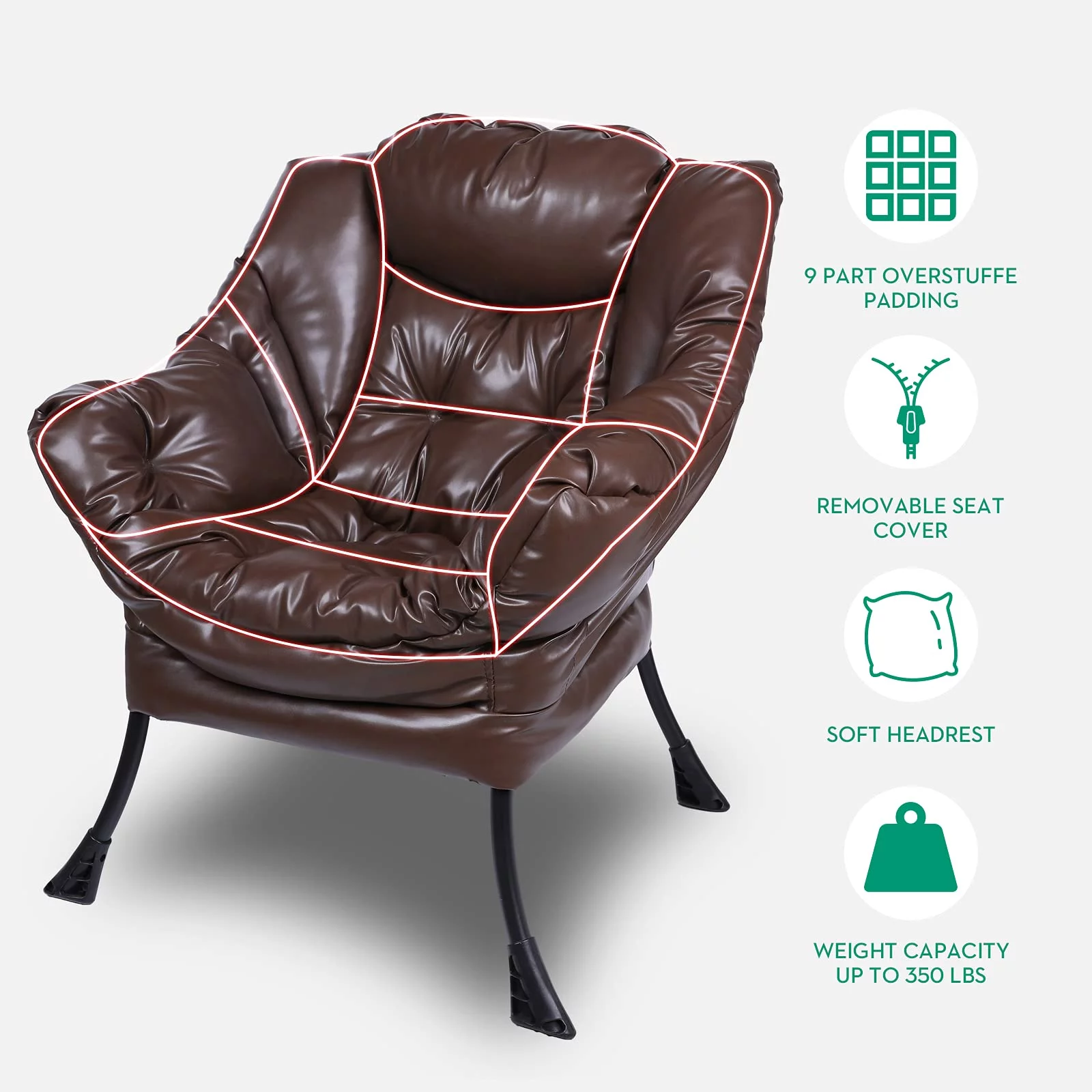 VIVIJASON Modern Lazy Chair Faux Leather - Soft Accent Contemporary Lounge Chair - Single Steel Frame Sofa Chair with Armrests, Side Pocket, Thick Padded Back for Living Room, Bedroom, Office (Brown)