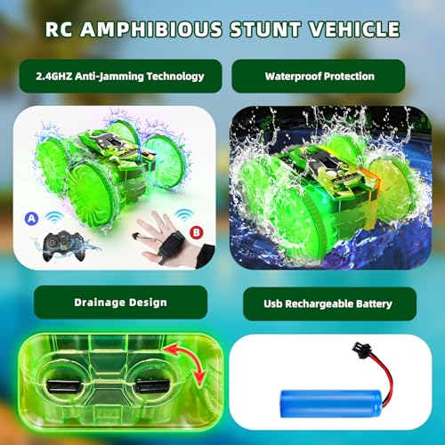 Amphibious Remote Control Car,4WD Waterproof RC Cars,Remote Control Boat,360°Rotation,180°Flip with Led Lights Stunt Truck Toys,Boys Girls Gifts All Terrain Water Beach Pool Toy