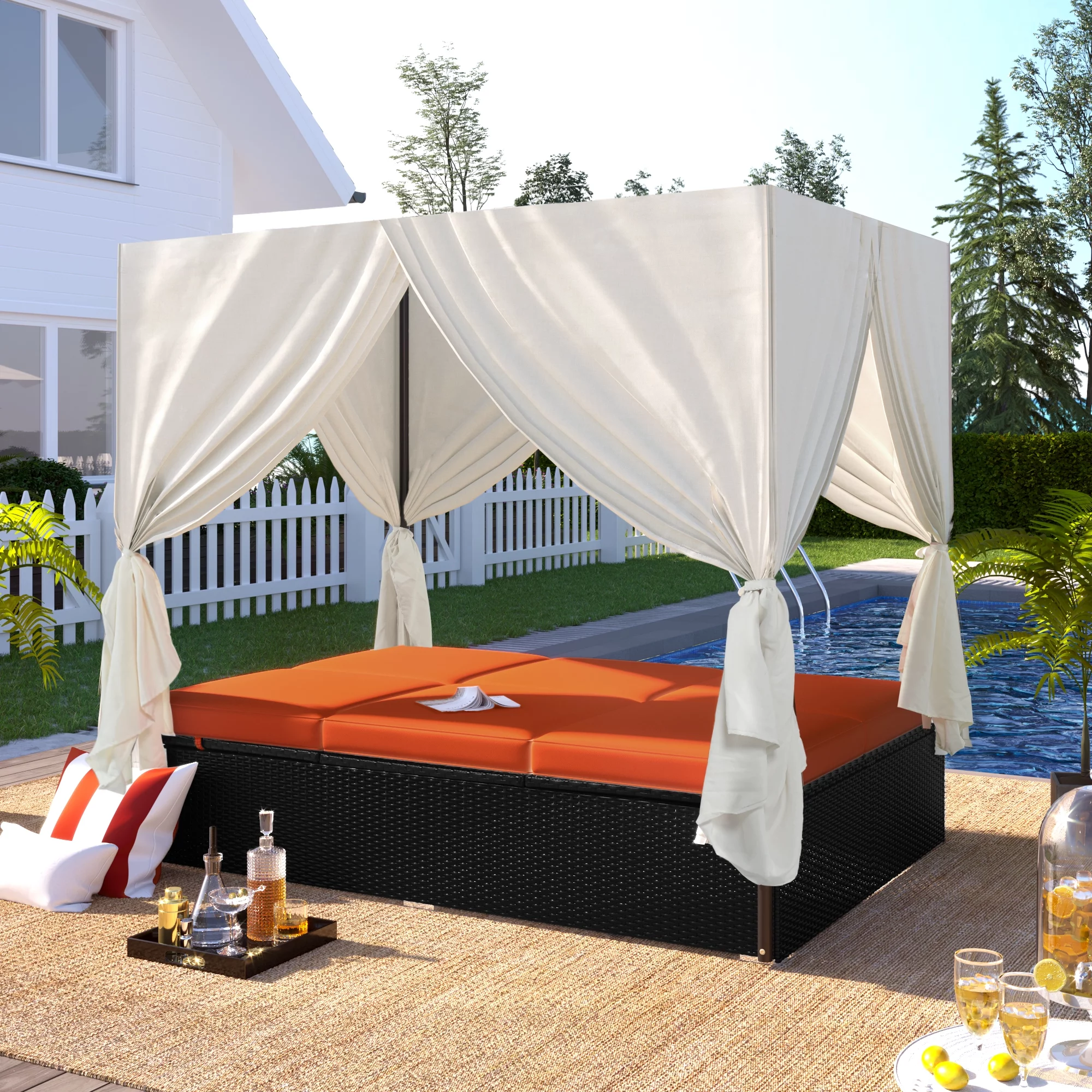 uhomepro Outdoor Patio Wicker Sunbed Daybed with Side and Overhead Curtains, UV-Proof Resin PE Rattan Outdoor Chaise Lounge with Adjustable Seats for Balcony Garden Backyard Poolside, Orange
