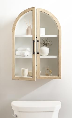 Kate and Laurel Arcott Modern Arch Wall Cabinet, 21 x 8 x 30, Natural Wood and White, Transitional Arched Cabinet for Use as Over-The-Toilet Storage or Living Room Storage Cabinet