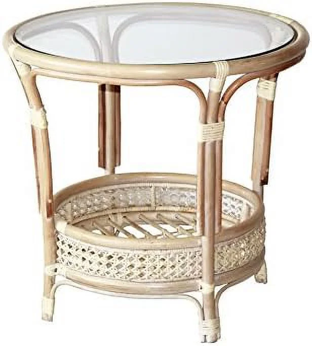 TJUNBOLIFE Pelangi Round Coffee Table Natural Rattan Wicker with Glass Top Handmade  Dark Brown