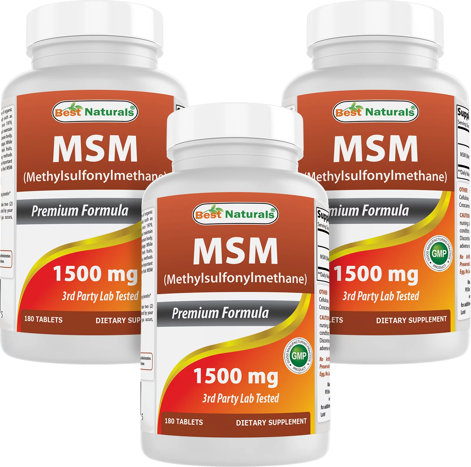 3 Pack Best Naturals MSM 1500 mg 180 Tablets
