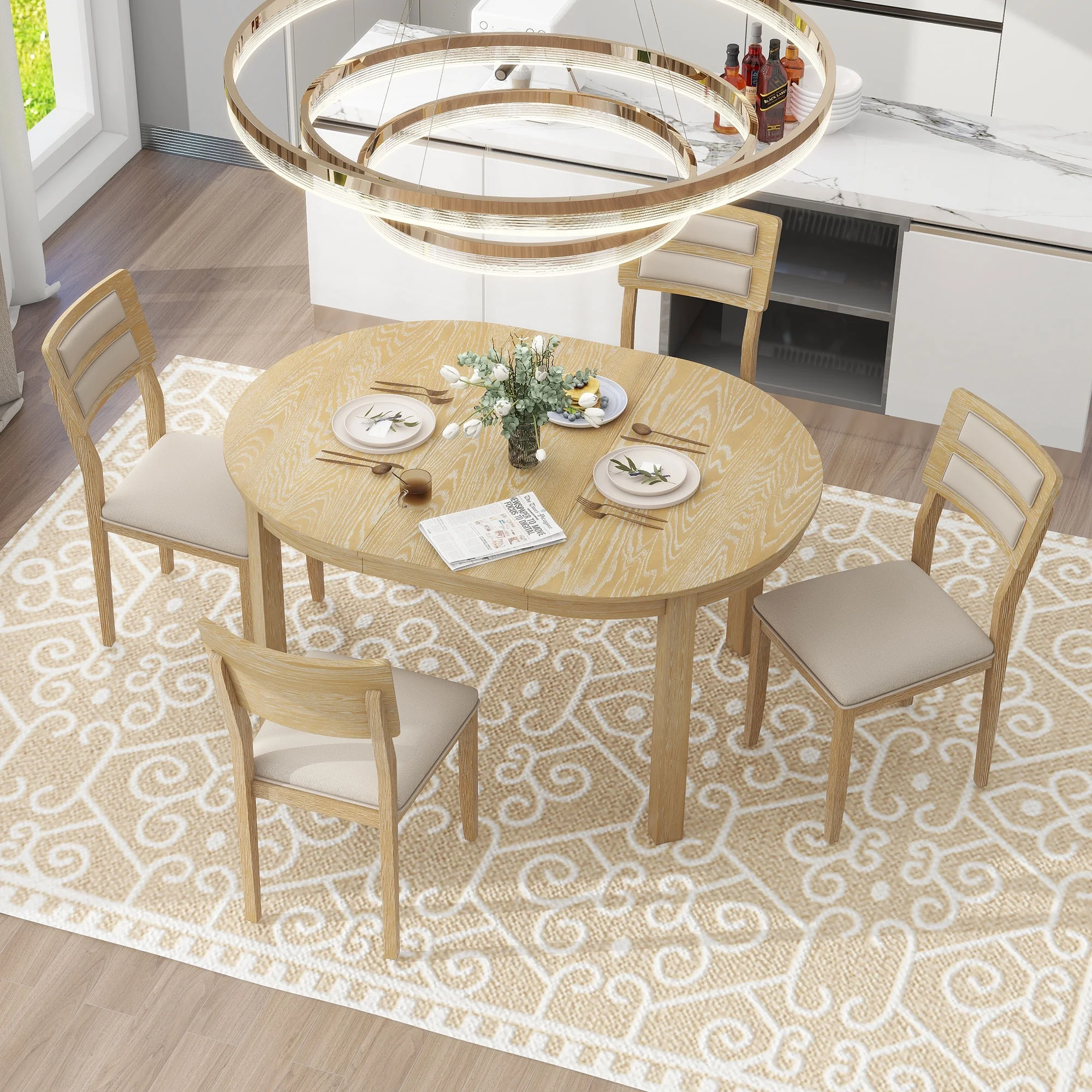 5-Piece Multifunctional Dining Table Set, Farmhouse Dining Set with Extendable Round Table ,Two Small Drawers and 4 Upholstered Dining Chairs for Kitchen and Dining Room (Natural Wood Wash)