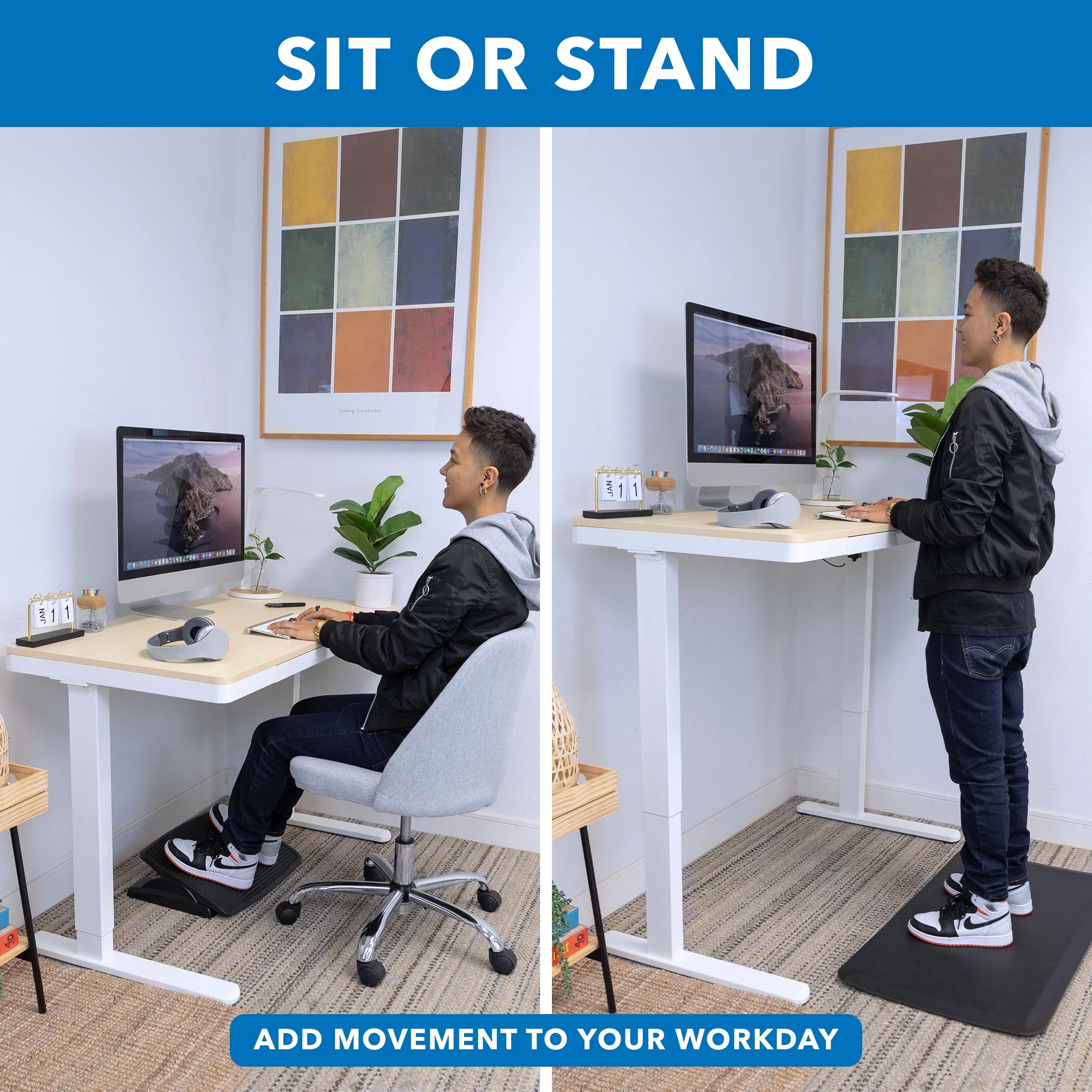 Mount-It! Compact Height Adjustable Sit-Stand Desk with Drawer USB Hub Ergonomic