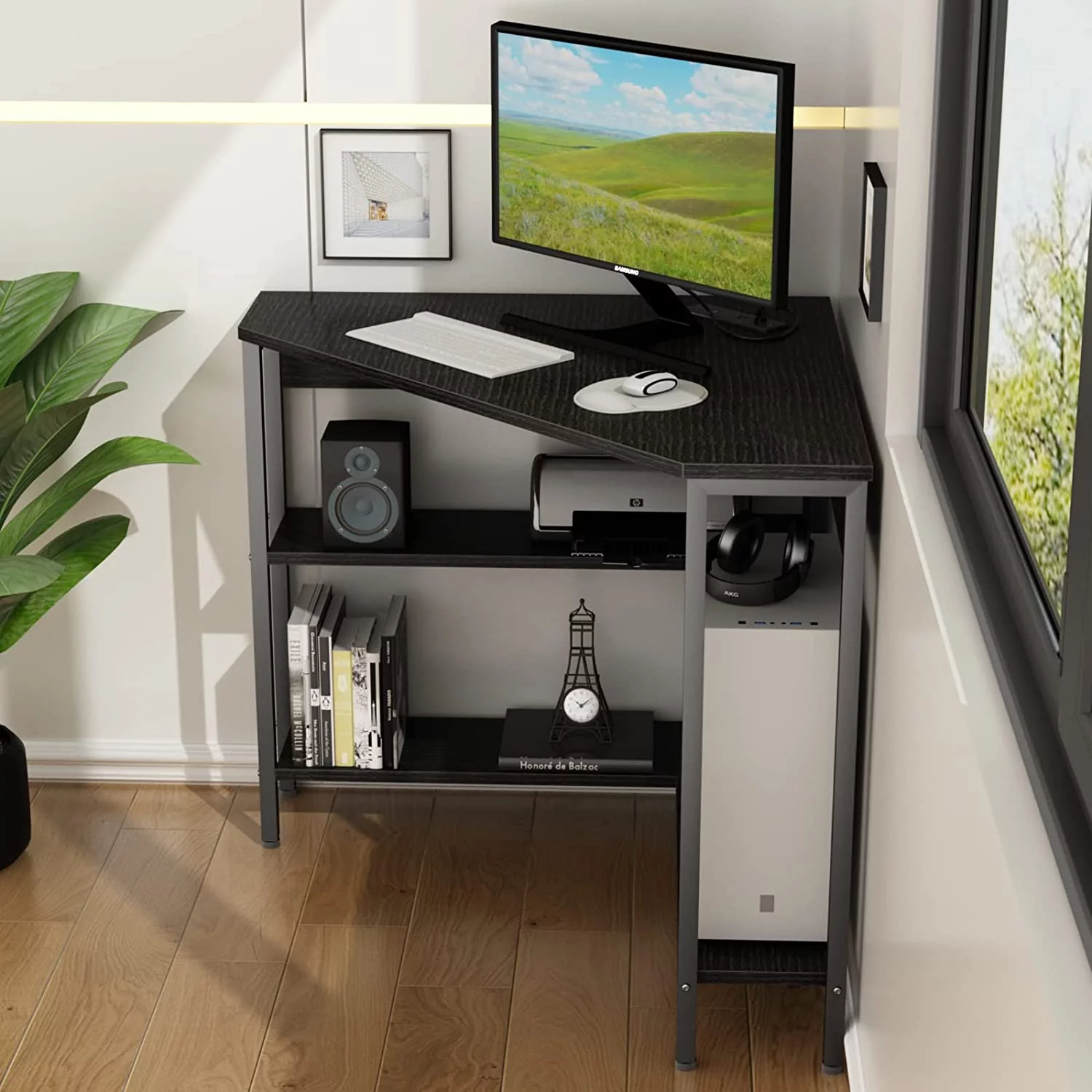 sell well Corner Desk with Outlets & USB Ports  90 Degree Triangle Corner Table with CPU Stand & Storage Shelves for Small Space  Computer Table with Charging Station for Home Off