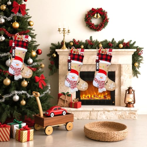DEMIUKO 3PCS Christmas Stockings Large Family Christmas Stocking with Personalized Name Tag Snowman Santa Penguin Burlap Plaid Xmas Stockings Holiday Christmas Fireplace Decor Gifts for Family Kids