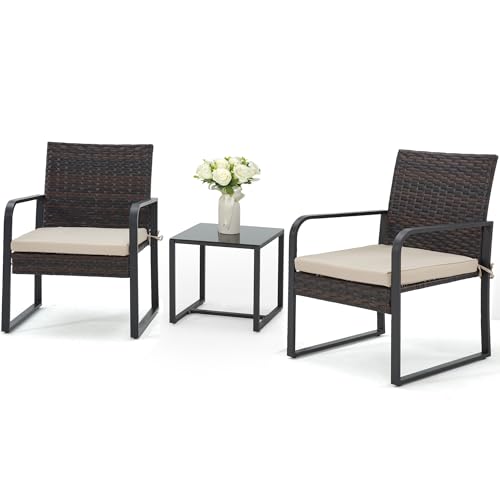 Bezseller 3 Piece Outdoor Patio Furniture Set, Patio Bistro Set Wicker Conversation Set, Modern Rattan Chair with Glass Coffee Table for Backyard, Porches, Poolside, Lawn and Balcony