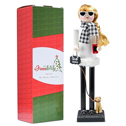Ornativity Christmas Dog Mom Nutcracker – White and Black Wooden Nutcracker Woman with Dog on Leash and a Smartphone in Hand Xmas Themed Holiday Nut Cracker Doll Figure Decorations 15